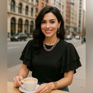 Easel Black Ruffle Flutter Sleeve Women’s Top Sz L Minimal Cottagecore Romantic‎